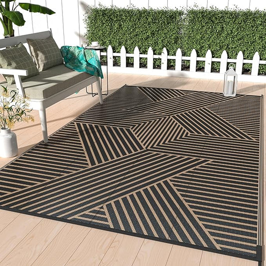 GENIMO Outdoor Rug 5'x8' for Patio Waterproof Clearance, Reversible Outdoor Plastic Straw Rug, Lightweight Carpet Camping Mat for Rv, Camper, Picnic, Balcony, Backyard, Deck, Porch, Black & Brown