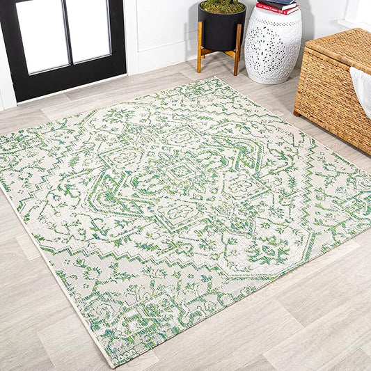 JONATHAN Y SMB105G-5SQ Estrella Bohemian Medallion Textured Weave Indoor Outdoor Area Rug, Coastal Traditional Transitional Easy Cleaning,Bedroom,Kitchen,Backyard,Patio, Green/Cream, 5' Square