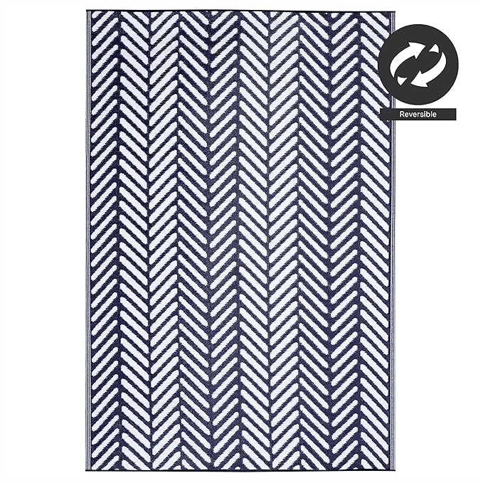 FH Home Outdoor Rug - Waterproof, Fade Resistant, Reversible - Premium Recycled Plastic - Herringbone - Large Patio, Deck, Sunroom, Camping, RV - Fresno - Navy Crease Free - 6 x 9 ft