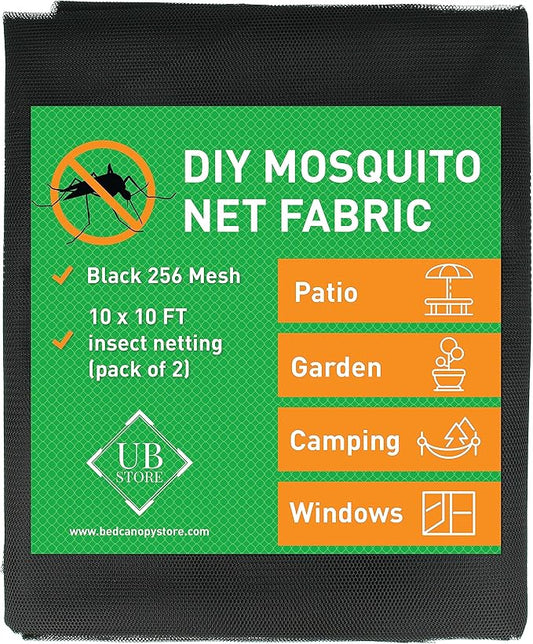 Black DIY Mosquito Net Fabric | 10x10 FT Netting 2 Pack | Insect Cover for Garden, Patio, Outdoor & Windows | Multiple Sizes in Black, White & Green | Raised Bed Screen Mesh Barrier