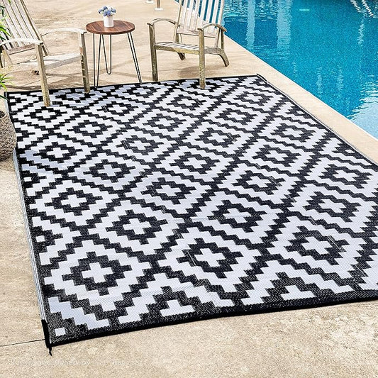 FH Home Outdoor Camping Rug - Waterproof, Fade Resistant, Reversible - Premium Recycled Plastic - Geometric - Large Patio, Deck, Sunroom, RV - Aztec - Black & White - 9 x 12 ft Foldable