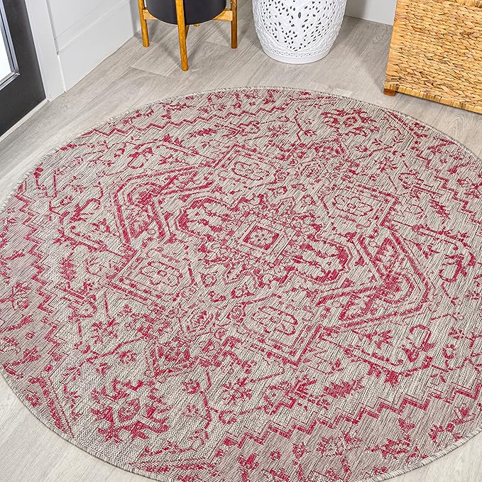JONATHAN Y SMB105F-5R Estrella Bohemian Medallion Textured Weave Indoor Outdoor Area Rug, Coastal, Vintage, Rustic Easy Clean,Bedroom,Kitchen,Backyard,Patio, Non-Shed, Light Gray/Fuchsia, 5' Round