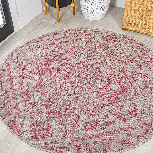 JONATHAN Y SMB105F-5R Estrella Bohemian Medallion Textured Weave Indoor Outdoor Area Rug, Coastal, Vintage, Rustic Easy Clean,Bedroom,Kitchen,Backyard,Patio, Non-Shed, Light Gray/Fuchsia, 5' Round