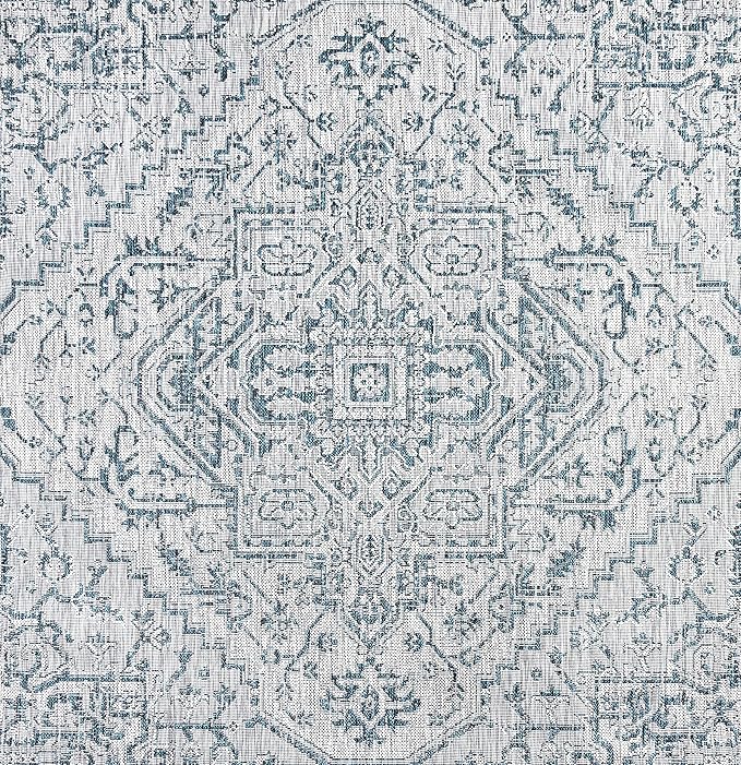 JONATHAN Y SMB105C-8SQ Estrella Bohemian Medallion Textured Weave Teal/Gray 8' Square Indoor/Outdoor Area Rug, Pet Friendly, Non-Shedding, Stain Resistant, Easy-Cleaning for Backyard, Patio, Porch