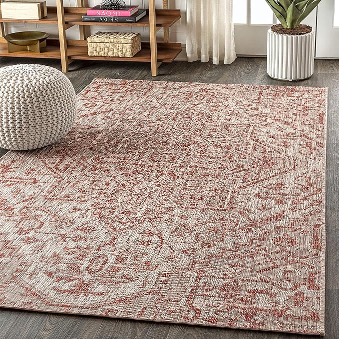 JONATHAN Y SMB105A-9 Estrella Bohemian Medallion Textured Weave Indoor Outdoor Area-Rug Coastal Bohemian Rustic Glam Easy-Cleaning Bedroom Kitchen Backyard Patio Non Shedding, 9 X 12, Red/Taupe
